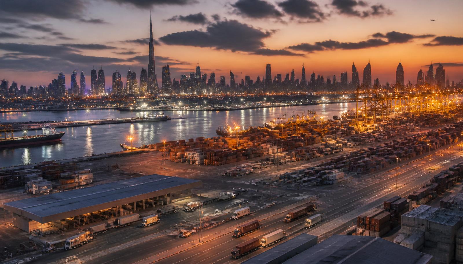 Dubai skyline and port at dusk