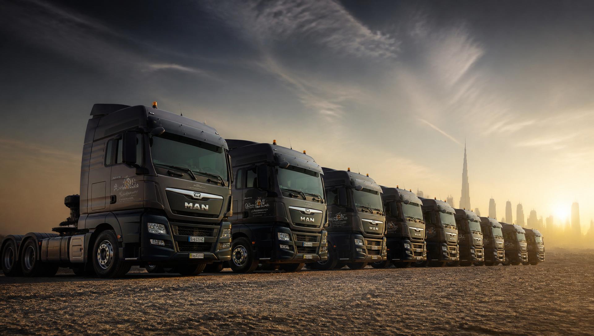 EarthLink fleet of premium commercial trucks at sunset in Dubai